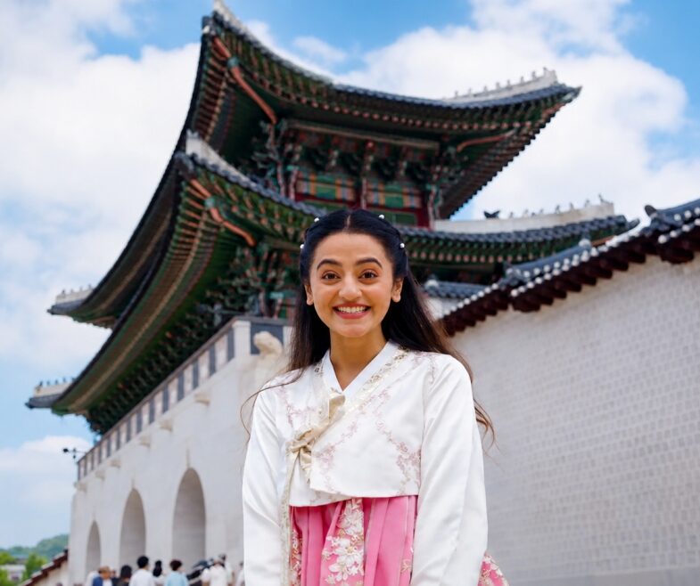 Helly Shah wearing a traditional Korean hanbok at Gyeongbokgung Palace in Seoul, South Korea, smiling in front of the historic palace entrance.