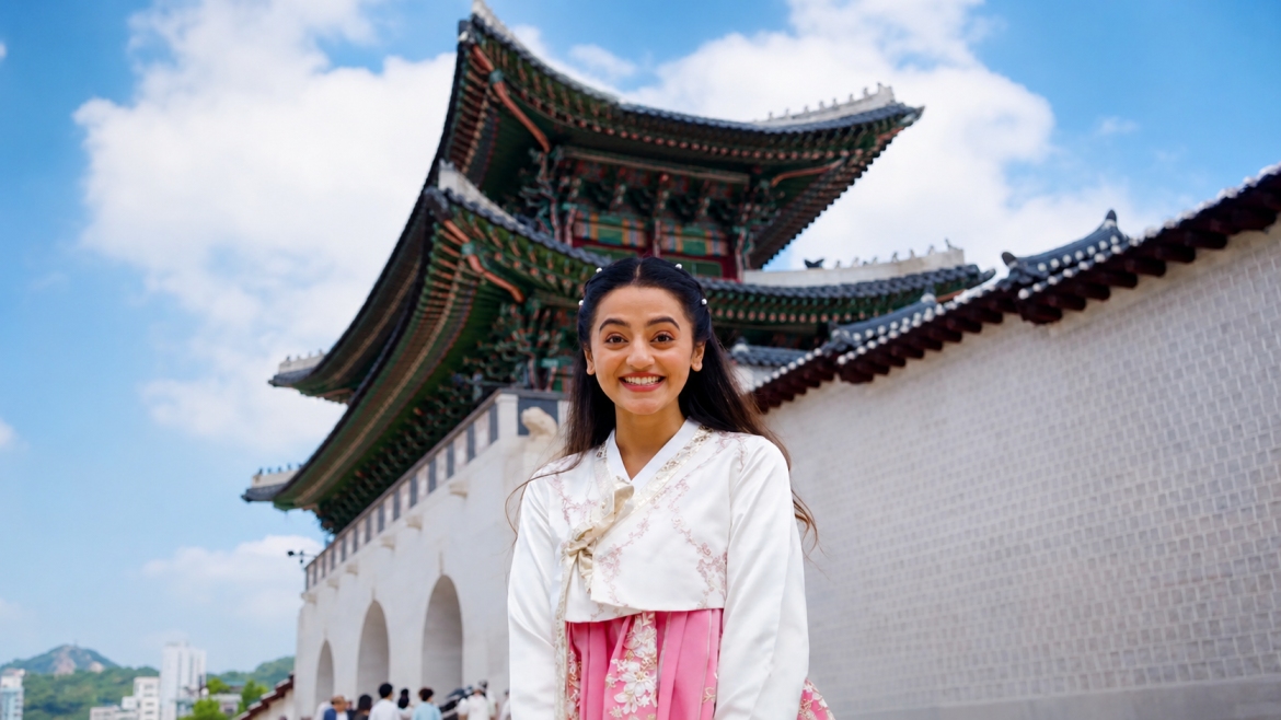 Helly Shah wearing a traditional Korean hanbok at Gyeongbokgung Palace in Seoul, South Korea, smiling in front of the historic palace entrance.